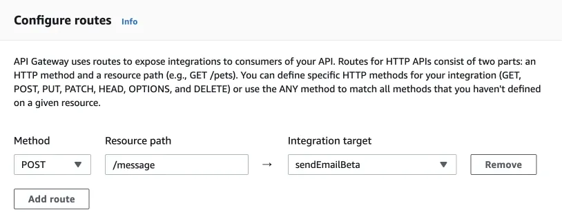 API Gateway configure route