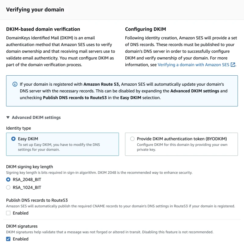 DKIM setting in SES